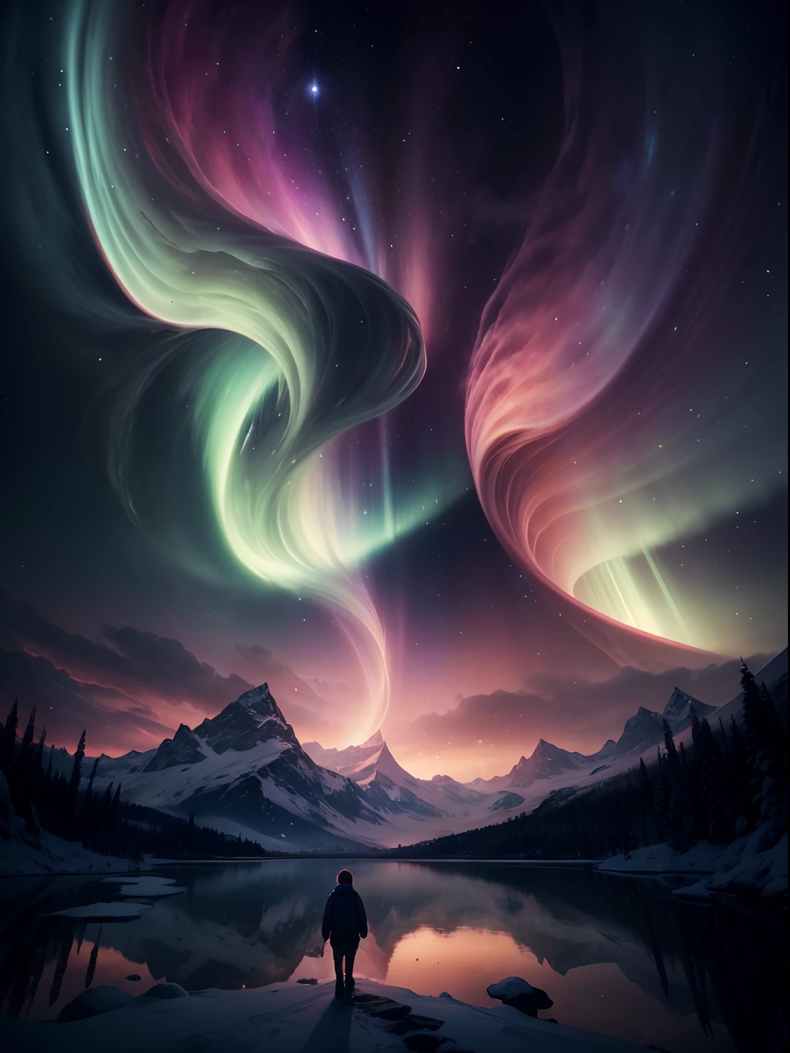 ((Best quality, A high resolution, Masterpiece:1.2))Ice and snow aurora ray tracing lake cloud star moon cute young boy Anime Clear eyes Gray medium length hairstyle Flawless Perfect masterpiece Best drawing Beautiful best ,Best quality,超高分辨率,high resolution,Detailed,RAW photo,Sharp,Rich colors, Ultra-realistic realistic textures, Dramatic lighting, It was a huge hit on Unreal Engine's ArtStation Cinestill 800,