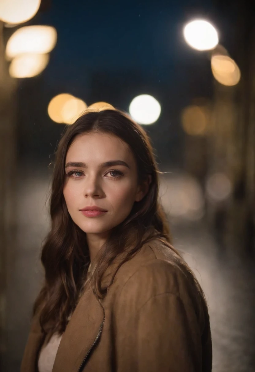 Girl on a rainy night,Front lens,Street background (Close-up Shot Shot:1.6),best qualtiy,f / 1 HD photography T bokeh,Depth of field Macro The atmosphere is sad