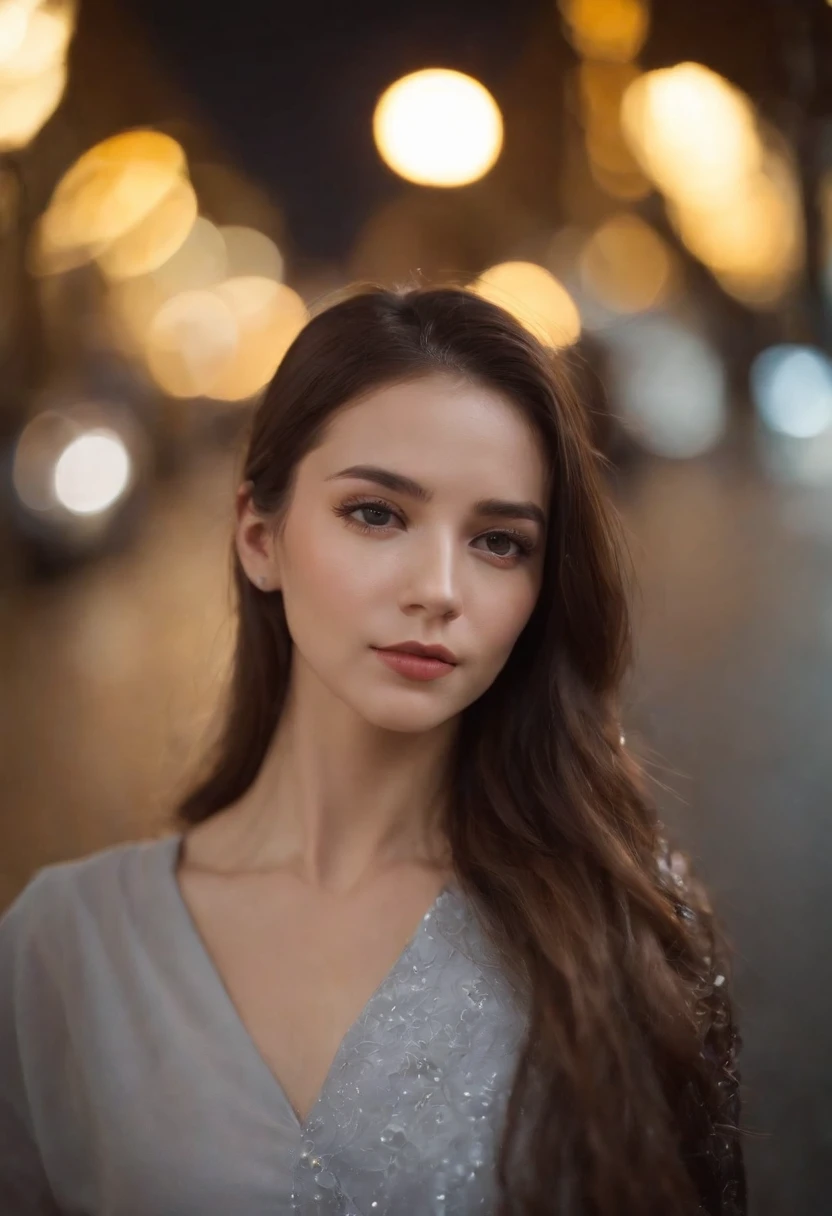 Girl on a rainy night，Front lens，Street background （Close-up Shot Shot：1.6），best qualtiy，f / 1 HD photography T bokeh，Depth of field Macro The atmosphere is sad