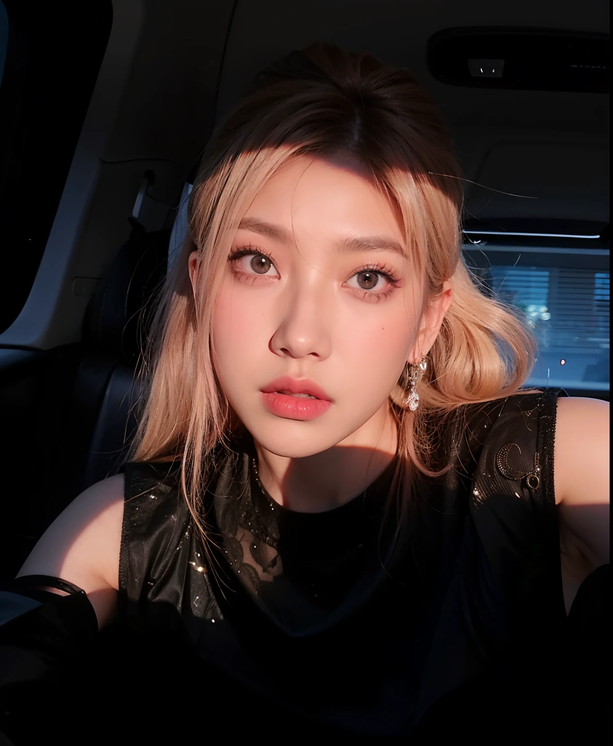 Blonde woman with pink lips and black dress in car, Parque Roseanne do Blackpink, Retrato de Jossi de Blackpink, jossi do blackpink, Shikami, linda Delphine, Jinyoung Canela, Jaeyeon Nam, Heonhwa Choe, foto de perfil headshot, taken in the early 2020s, Junko Enoshima, Lalisa Manobal