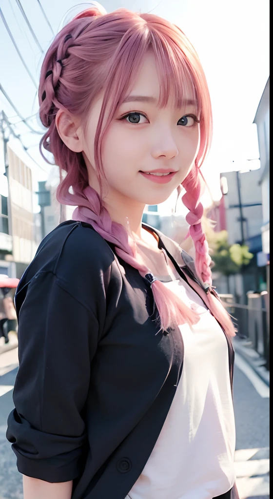 女の子1人、on tokyo street、natta、A city scape、city light、The upper part of the body、up close shot、Blue eyes,Full body,faces、(A smile:1.5)、small tits、high-school uniform、Black long sleeves、(8K、Raw photography、top-quality、​masterpiece:1.2)、(realisitic、photoRealstic:1.37), (Pink hair), Ear Hair, small tits, Single braid, (Single braid), (Side braid)