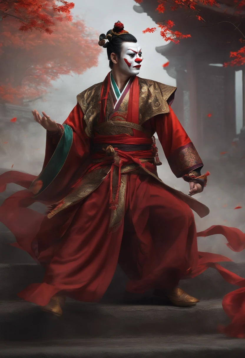 1male people,jocker,Chinese Hanfu,Meticulous clown makeup, exteriors, Fighting posture,Traditional Chinese costumes,Oriental fantasy,Chinese mythology,Buddhist elements,Epic fantasy digital art style,Magical Taoist totems,