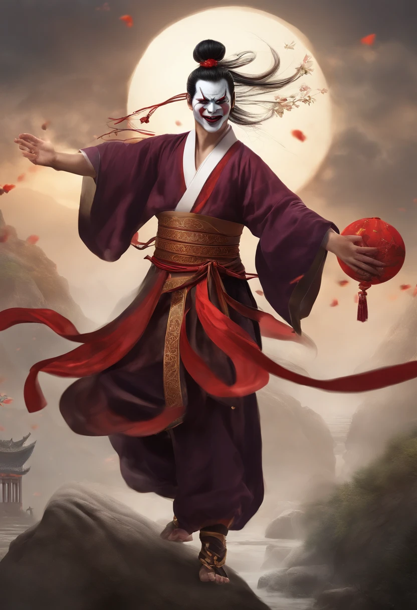 1male people,jocker,Chinese Hanfu,Meticulous clown makeup, exteriors, Fighting posture,Traditional Chinese costumes,Oriental fantasy,Chinese mythology,Buddhist elements,Epic fantasy digital art style,Magical Taoist totems,