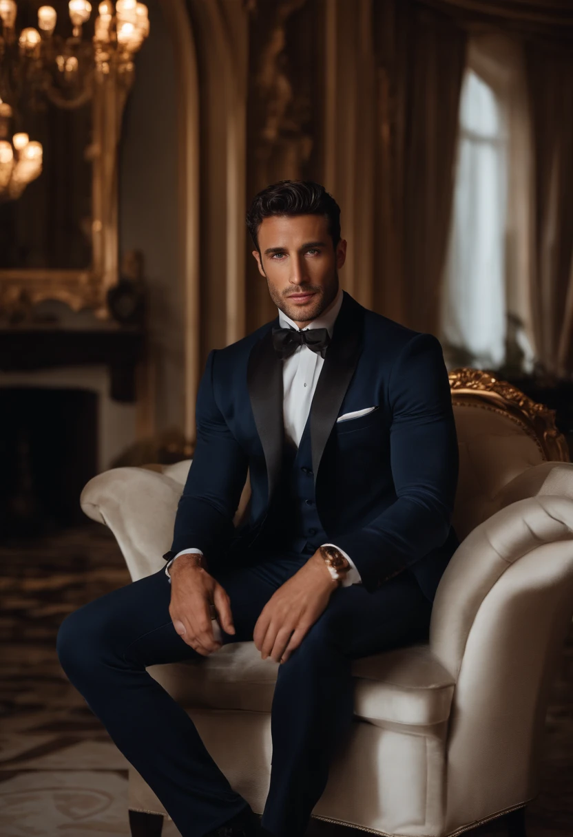 Le visage sosie de Michele Morrone,
Un jeune homme,beau,well muscled,corps poilu,chaussette blanche,Collants ultra-fins(detailled eyes:1.3),yeux bleus,renflement massif,Black hairs protruding from the bulge, ,Personnage assis sur une chaise, arms raised, cheveux noirs (short and elegant hair,American gradient with line on the side), nice pose, bel homme, joli visage, royal elegant pose, merchant, (in a striped blazer), (The surrounding environment is a luxurious and classic living room) (Imagerie Sandtone) ultra realist, Prince of royalty in search, Aesthetics of old change, Aspect italien, Sosie de Joel Kinnaman, Costume chic, Rolex, Classic car in the background, Recherche de redevances, portant le costume Ralph Lauren, Sosie du visage de Raoul Bova, Luxury Italian country house in the background
