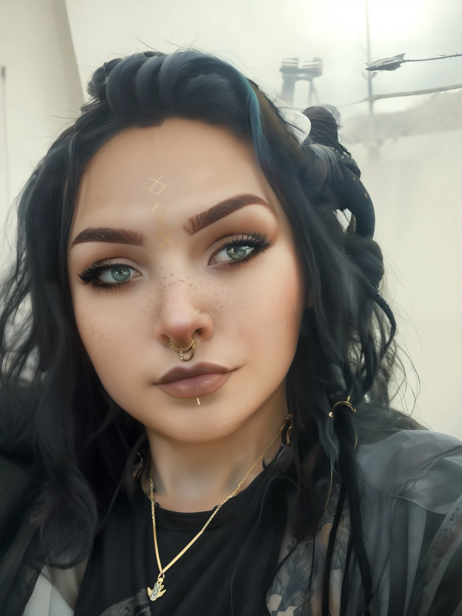 uma mulher com dreadlocks e maquiagem segurando um celular , bruxa_Estilo