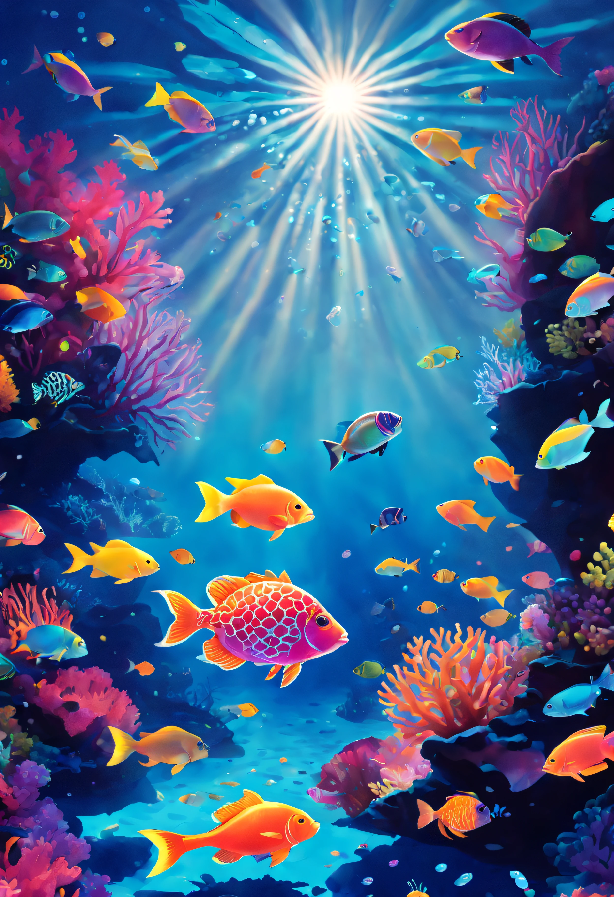 neon style, A school of colorful fish swimming in a coral reef. The coral reef is surrounded by crystal clear blue water. There are sea turtles and rays in the background. The sun is shining through the water, casting a warm glow on the scene.