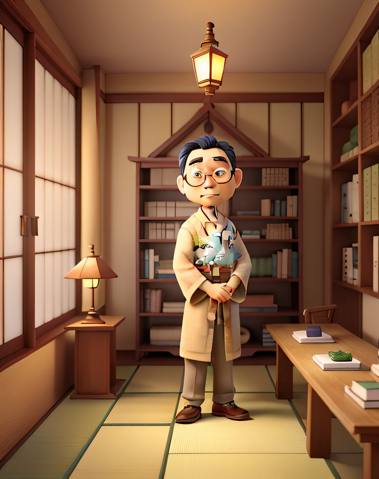 A wise Japanese man in front, illuminated by the light of a lamp, contra o pano de fundo de floresta