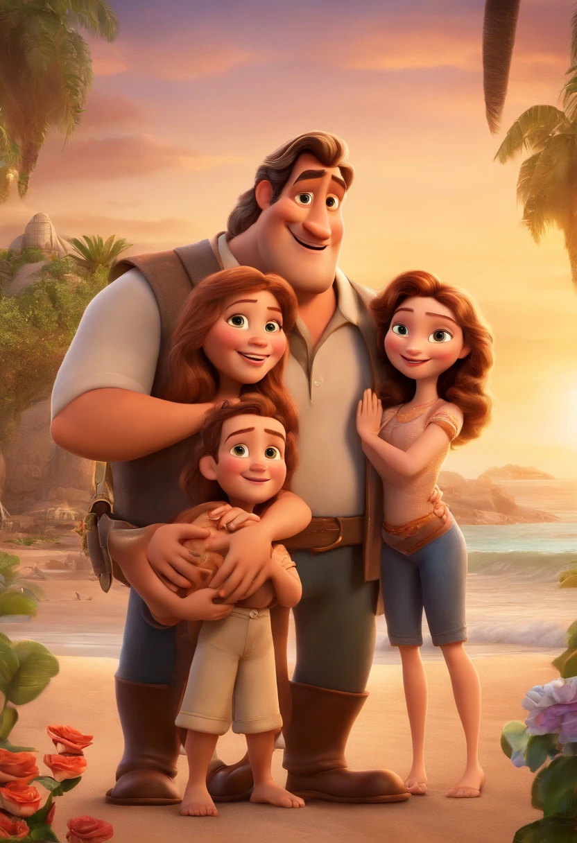 a Disney Pixar movie poster showing a white-skinned family. The father is the tallest, Tem barba curta, loiro, cabelos curtos e espinhosos. The mother has brown eyes and hair, shoulder-length and is slightly overweight. A tem 4 anos e cabelos castanhos, roupa rosa e rabos de cavalo. The background is a beach garden. 3D-rendering