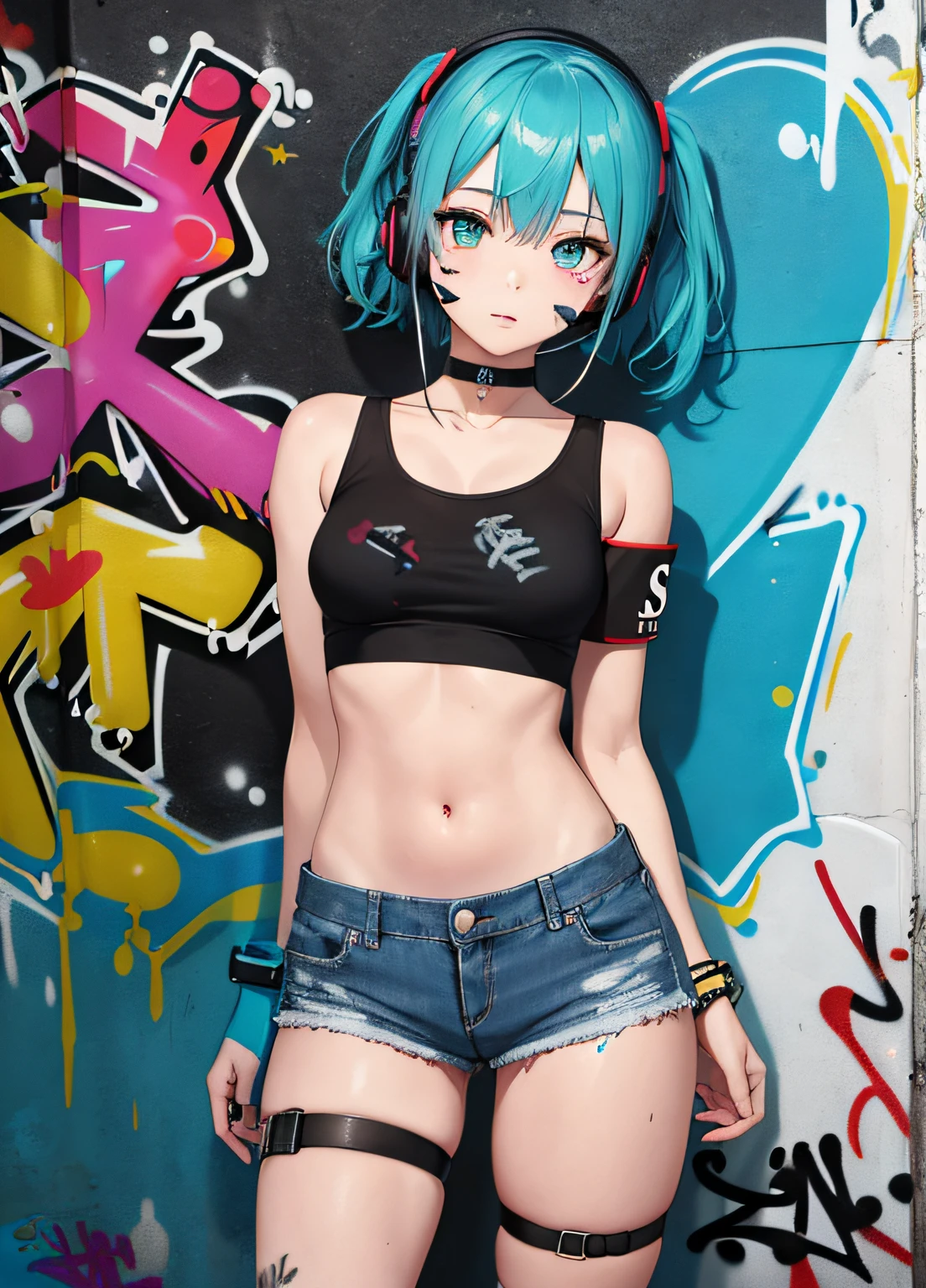 masterpiece, best quality, 1girl, solo, crop top, denim shorts, choker, (graffiti:1.5), paint splatter, arms behind back, against wall, looking at viewer, armband, thigh strap, paint on body, head tilt, bored, multicolored hair, aqua eyes, headset,