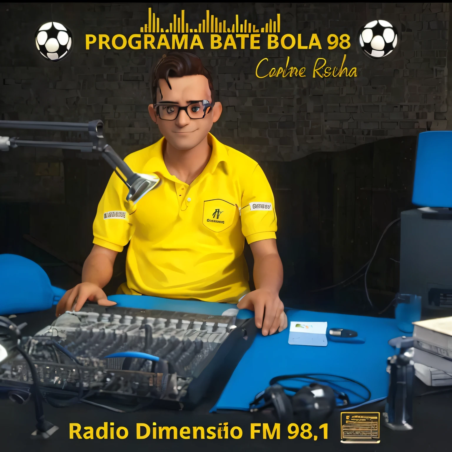 HOMEM MORENO CLARO, DE OCULOS, RADIALISTA, CAMISA AMARELA