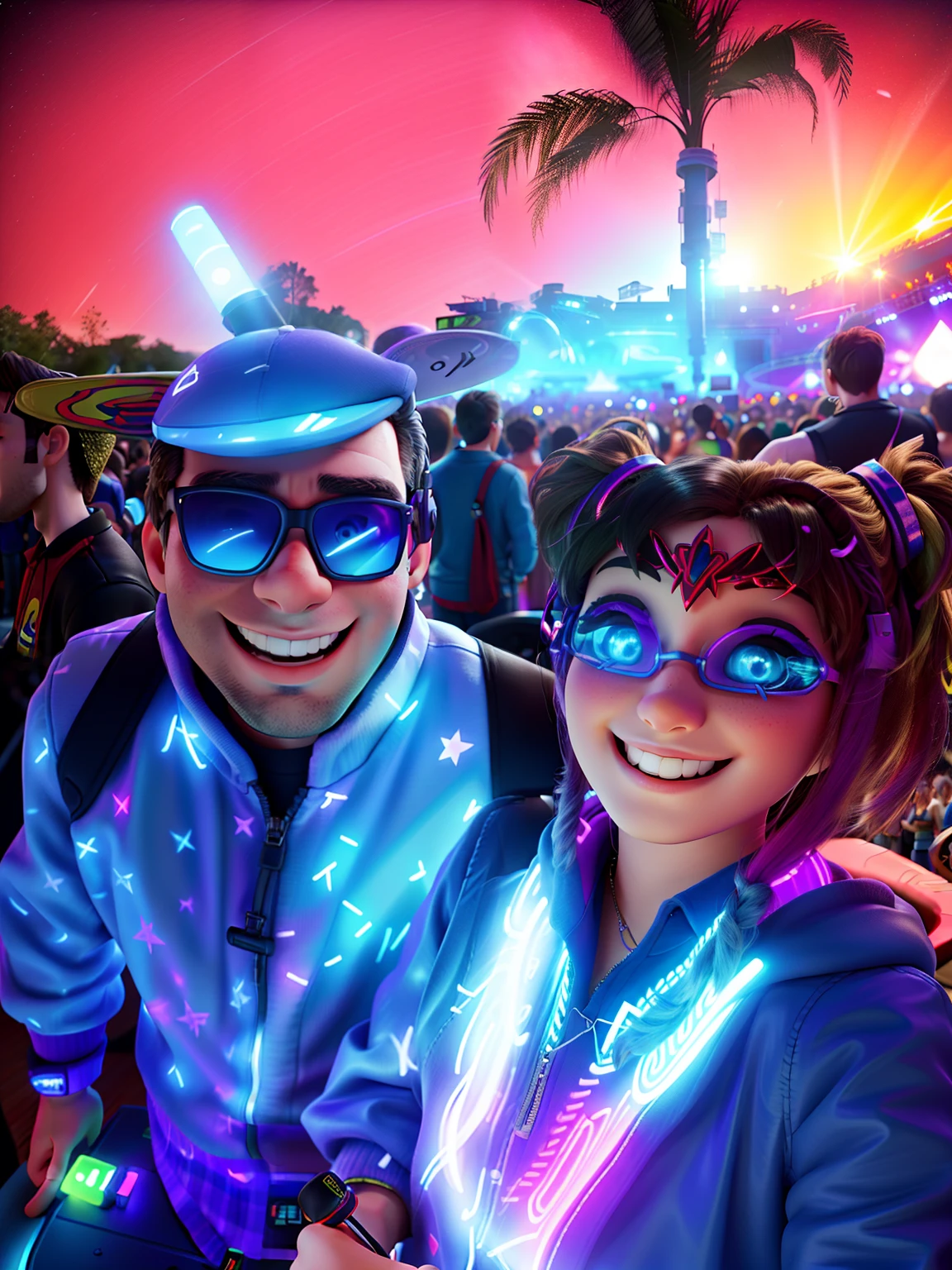 Electronic music DJ couple playing at Tomorrowland party with several people enjoying in front of the stage