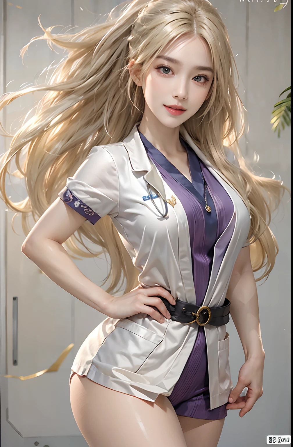 photorealistic, high resolution, 1 women, happy smiling, solo, hips up, look at viewer, (detailed face), blonde hair, Long Hair, doctor outfit