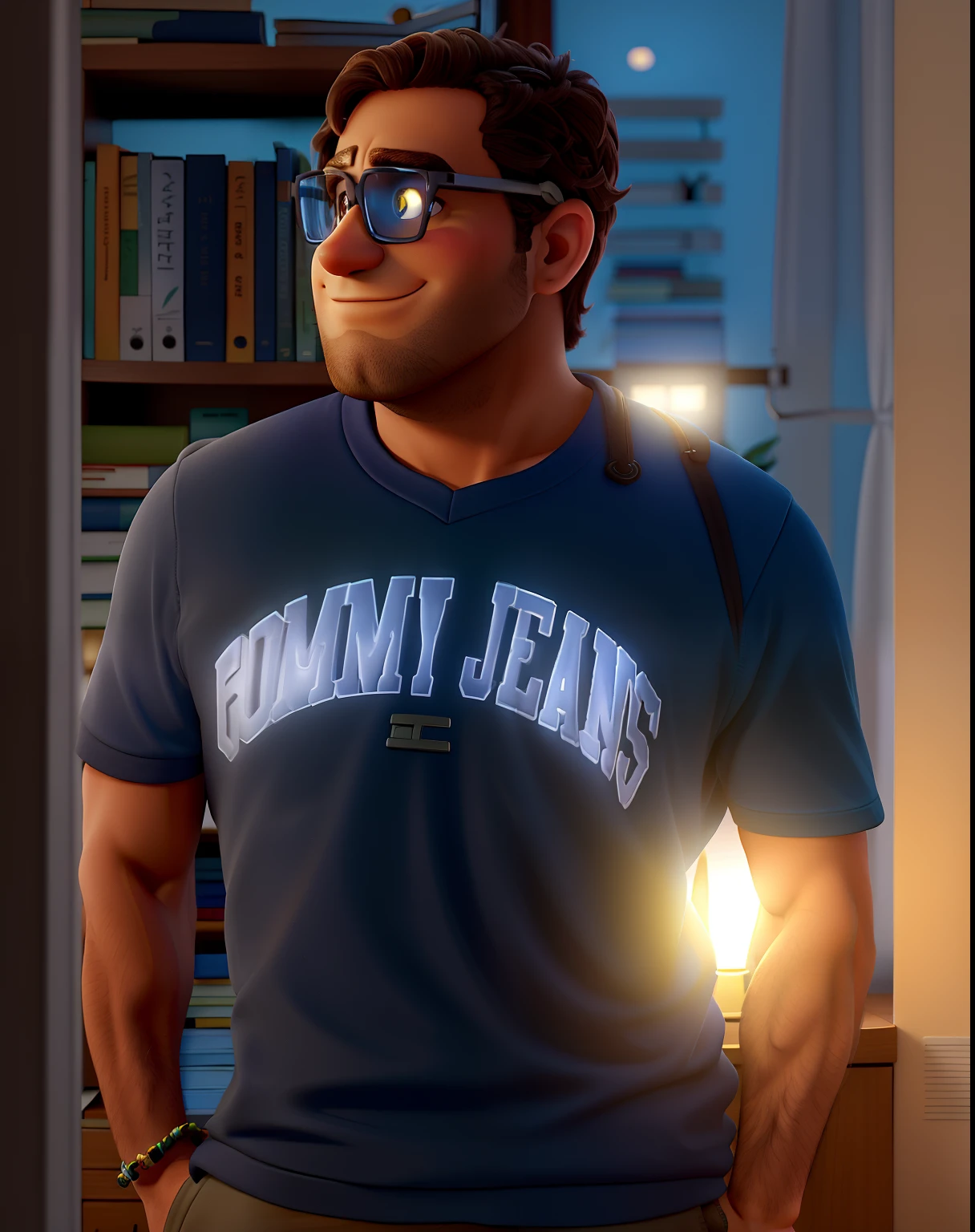 Um homem parado na frente, illuminated by the light of a lamp, contra o pano de fundo de uma biblioteca