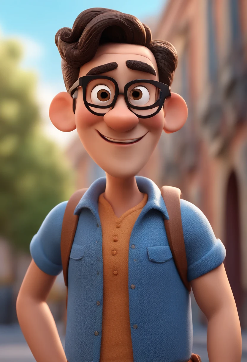 Cartoon character of a man with black glasses and a blue shirt, animation character, Caractere estilizado, animation style rendering, 3D estilizado, Arnold Maya render, 3 d render stylized, toon render keyshot, Personagem 3D, Personagem 3D, 3d rendering stylized, 3 d character render, personagem de desenho animado, Personagem de close up, Pose de personagem,  (Estilo Pixar) (master part:1.2) (Bokeh) (best quality) (pele detalhada) (textura detalhada) (8k) (argila) (Cinematic lighting) (foco nítido