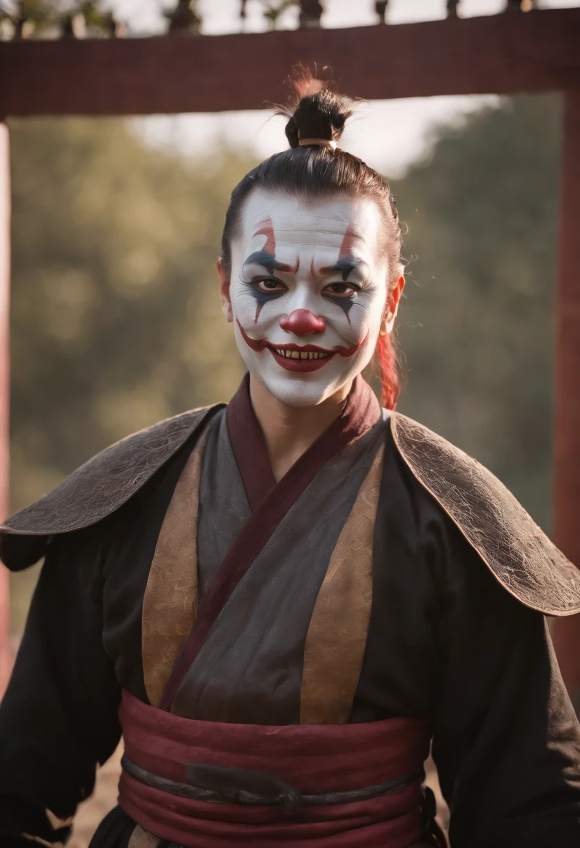 1male people，jocker，Chinese Hanfu，Meticulous clown makeup， exteriors， Fighting posture，Traditional Chinese costumes，Oriental fantasy，Chinese mythology，Buddhist elements，Epic fantasy digital art style，Magical Taoist totems，