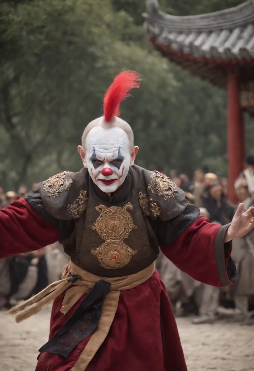 1male people,jocker,Chinese Hanfu,Meticulous clown makeup, exteriors, Fighting posture,Traditional Chinese costumes,Oriental fantasy,Chinese mythology,Buddhist elements,Epic fantasy digital art style,Magical Taoist totems,