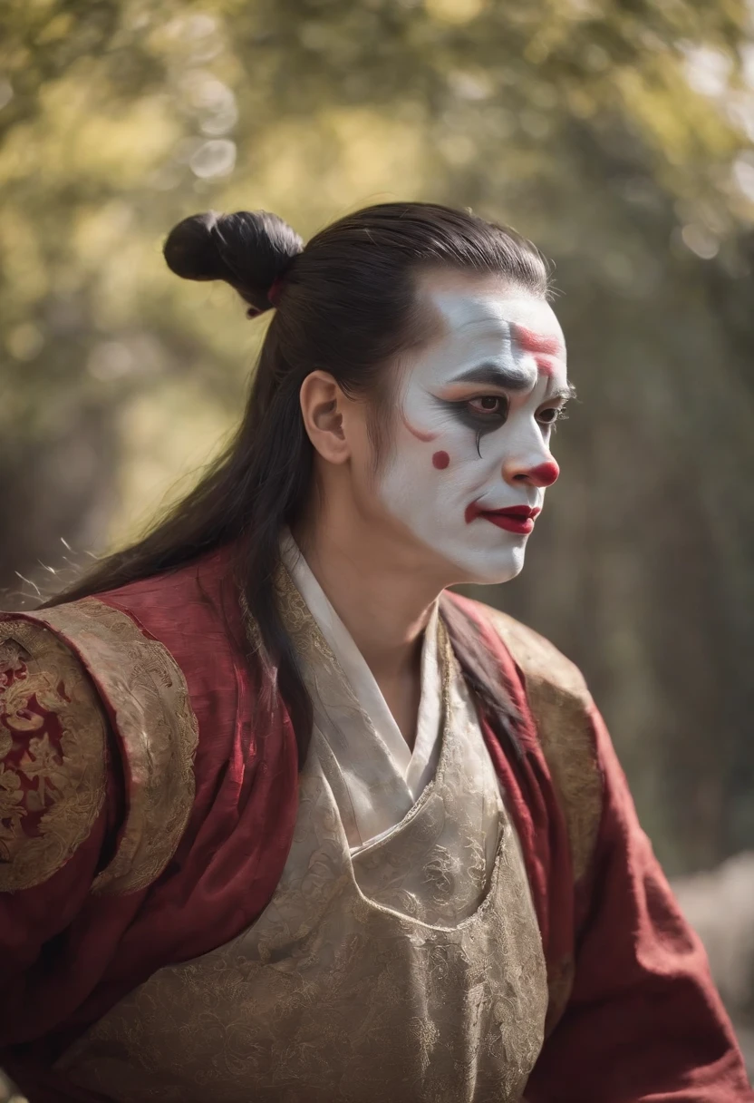 1male people,jocker,Chinese Hanfu,Meticulous clown makeup, exteriors, Fighting posture,Traditional Chinese costumes,Oriental fantasy,Chinese mythology,Buddhist elements,Epic fantasy digital art style,Magical Taoist totems,