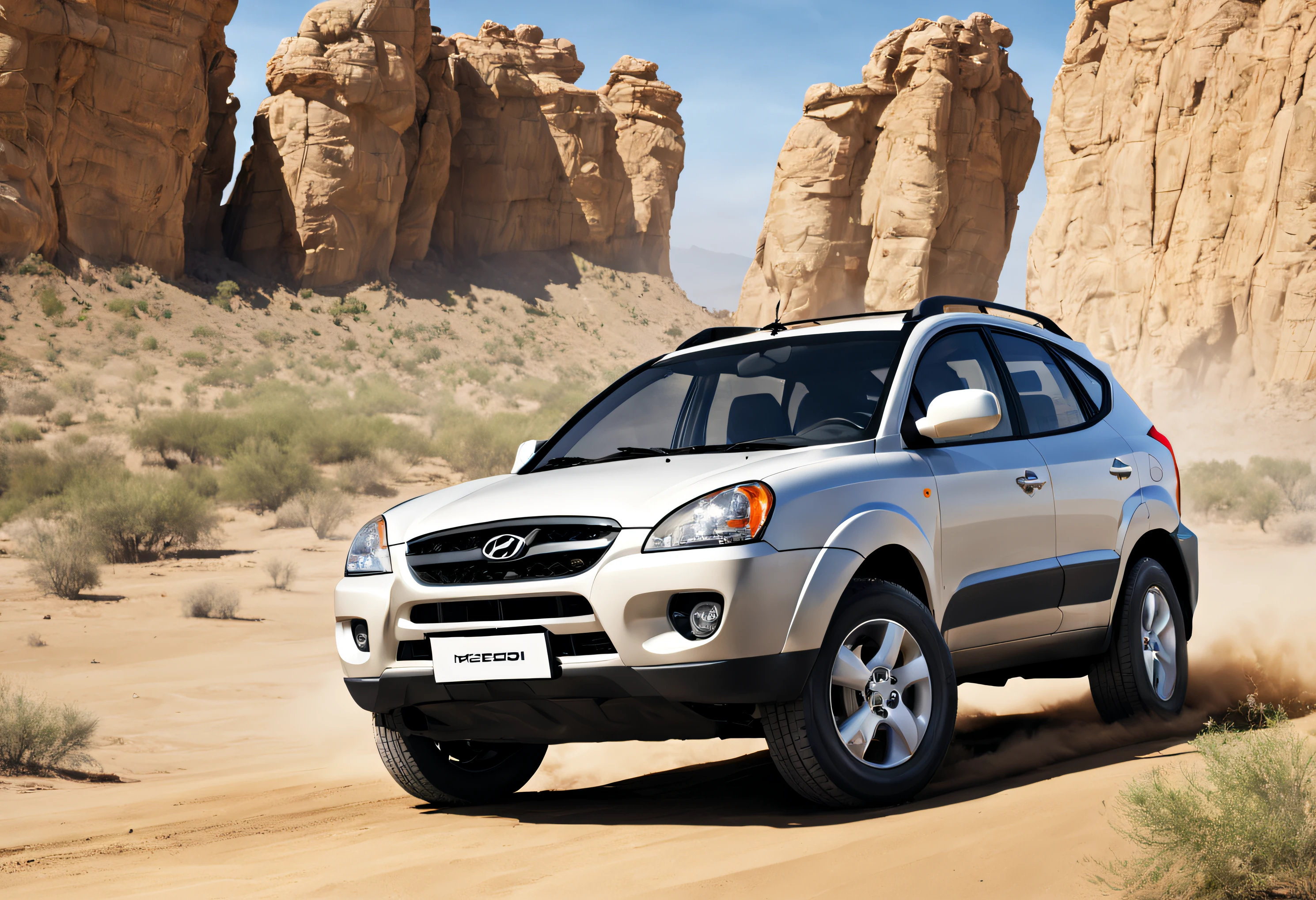 imagen fotorealista de un hyundai tucson de 2005 en el desierto, muy detallada, vista de tres cuartos.