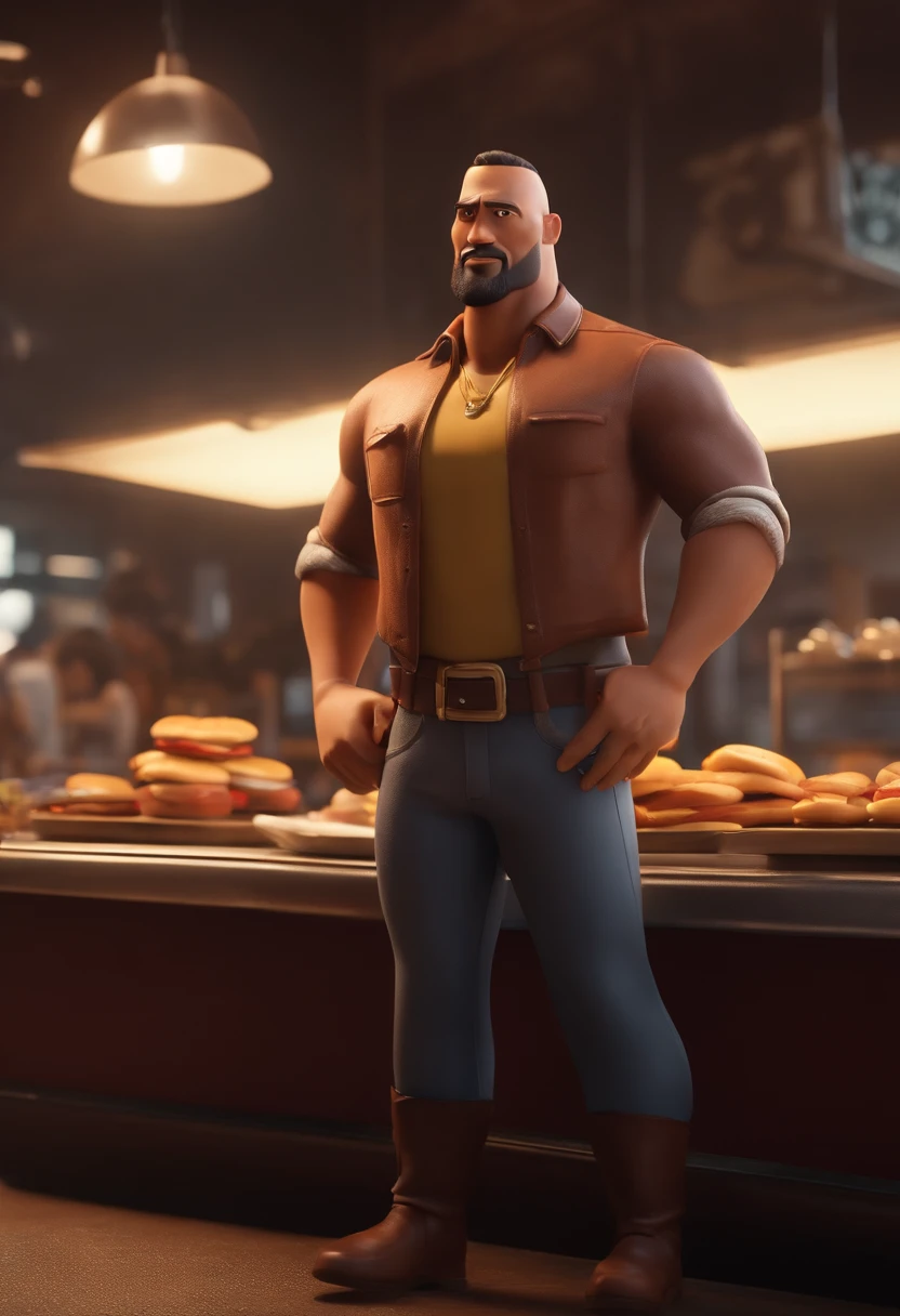 personagem dos desenhos animados de um homem com barba comprida grisalha e uma camisa preta escrito "THE ROCK" no lado direito do peito, leaning against a burger counter, ao lado de um enorme hamburguer com fritas e refrigerante, and animation character, Caractere estilizado, animation style rendering, 3D estilizado, Arnold Maya render, 3 d render stylized, toon render keyshot, Personagem 3D, Personagem 3D, 3d rendering stylized, 3 d character render, personagem de desenho animado, Personagem de close up, Pose de personagem, (Estilo Pixar) (master part:1.2) (Bokeh) (best quality) (pele detalhada) (textura detalhada) (8k) (argila) (Cinematic lighting) (foco nítido