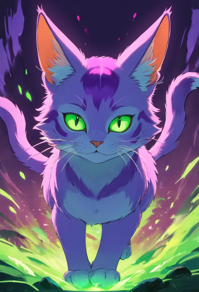 drawing of a scarred purple cat with green eyes and a green tail, professional furry drawing, some green and purple, an feral cat, feral cat, demon cat, purple cat, fursona art, furry mawshot art, furry art!!!, toxic cat, cat from the void, weirdcore voidpunk fursona, colored sketch, angry cat, feral art