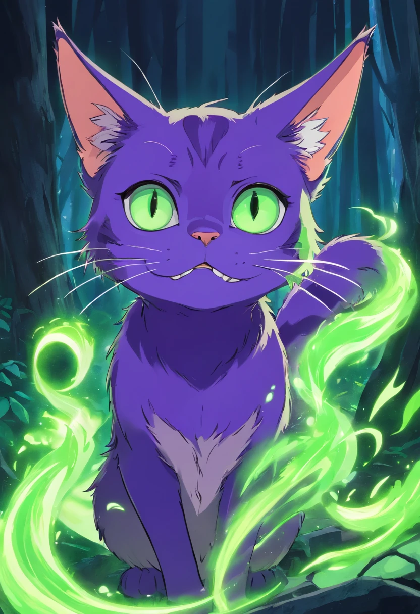 drawing of a scarred purple cat with green eyes and a green tail, professional furry drawing, some green and purple, an feral cat, feral cat, demon cat, purple cat, fursona art, furry mawshot art, furry art!!!, toxic cat, cat from the void, weirdcore voidpunk fursona, colored sketch, angry cat, feral art