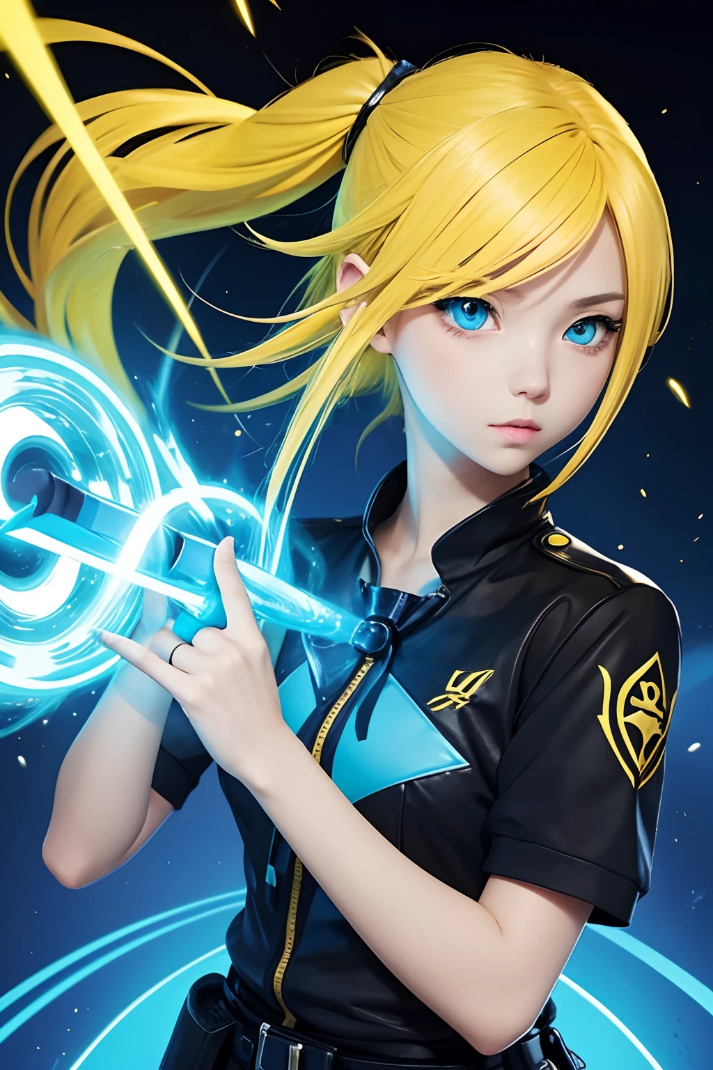 girl 15 yeras, yellow hair, cartoon art style, manga, anime, carrying a blue power between his fingers, blue aura, black cloathes