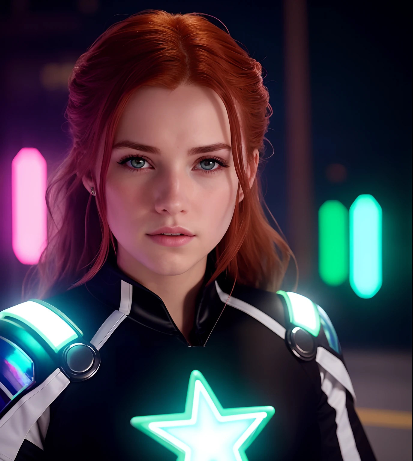 A red-haired girl floating with iridescent powers and neon glows around her wearing a black uniform, roxo e branco com raios eletricos roxos e brancos atras dela, photographic lighting, uhd, 4k, unreal engine, marvel, superpoderes, fiction, voando, reflections traced by rays, super-heroi