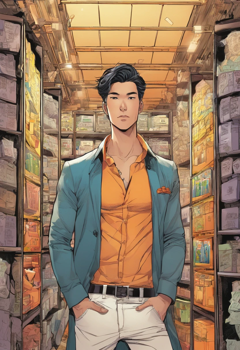 Un joven asiatico, Attractive man inside a bank vault while wearing a, revelador, and sheer fishnet lingerie, desnudo, fuera, NSFW, pecho grande, caderas grandes, Moist body