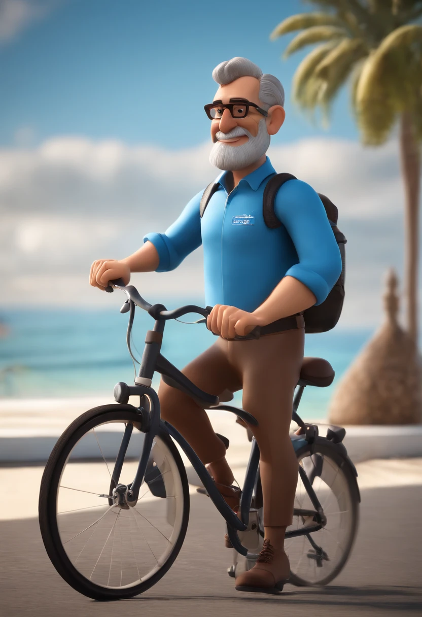 personagem dos desenhos animados de um homem de 55 anos, rabugento, barba branca triangular com capacete, with black glasses and a blue shirt, andando de bicicleta, Caractere estilizado, animation style rendering, 3D estilizado, Arnold Maya render, 3 d render stylized, toon render keyshot, Personagem 3D, Personagem 3D, 3d rendering stylized, 3 d character render, personagem de desenho animado, Personagem de close up, Pose de personagem, (Estilo Pixar) (master part:1.2) (Bokeh) (best quality) (pele detalhada) (textura detalhada) (8k) (argila) (Cinematic lighting) (foco nítido