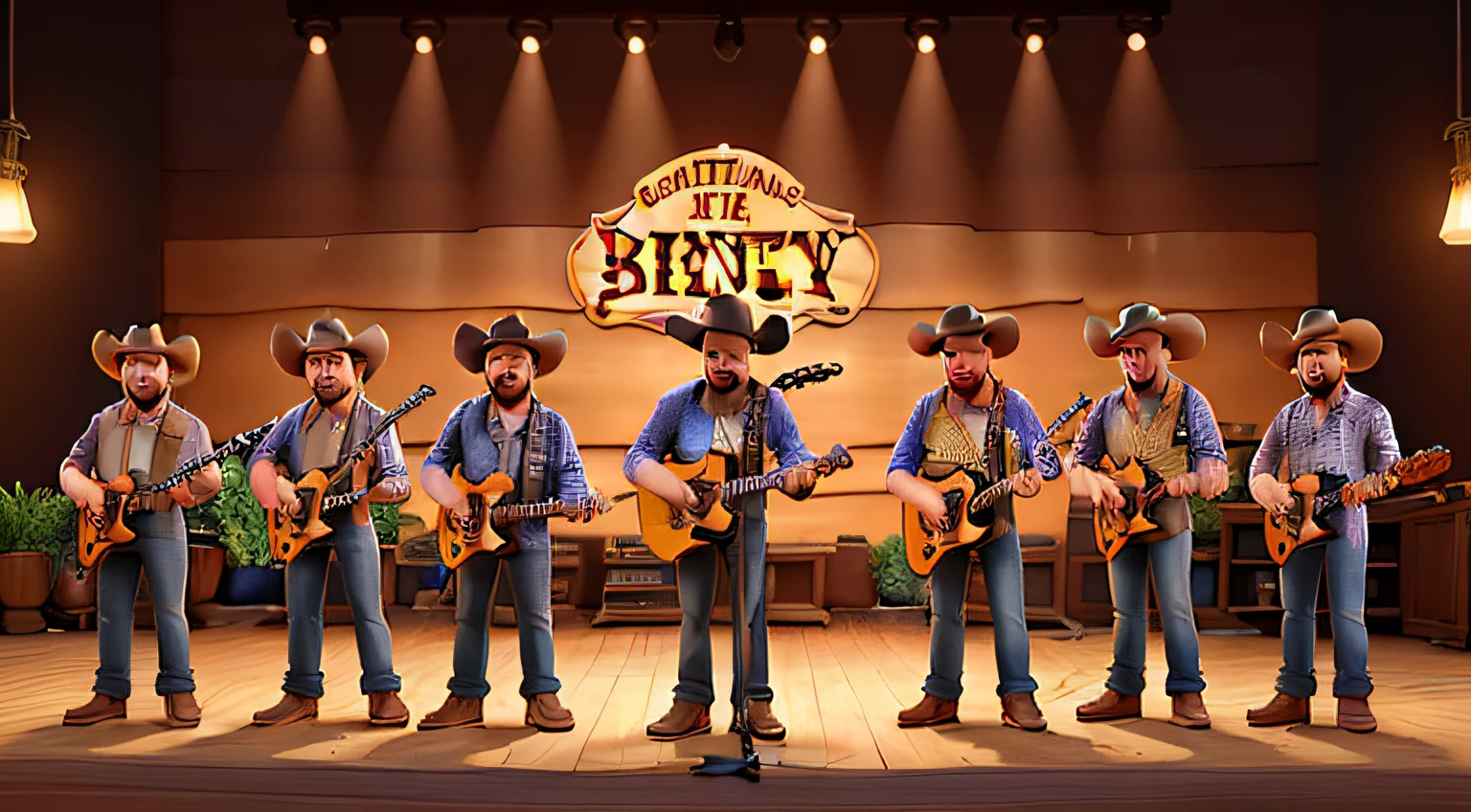obra-prima, de melhor qualidade, Country music band with 4 members presented in a single image, vocalista, guitarrista, baixista e baterista, All with cowboy hats and lumberjack beards, vocalista ao centro, slightly taller than the others and the only one in a black hat