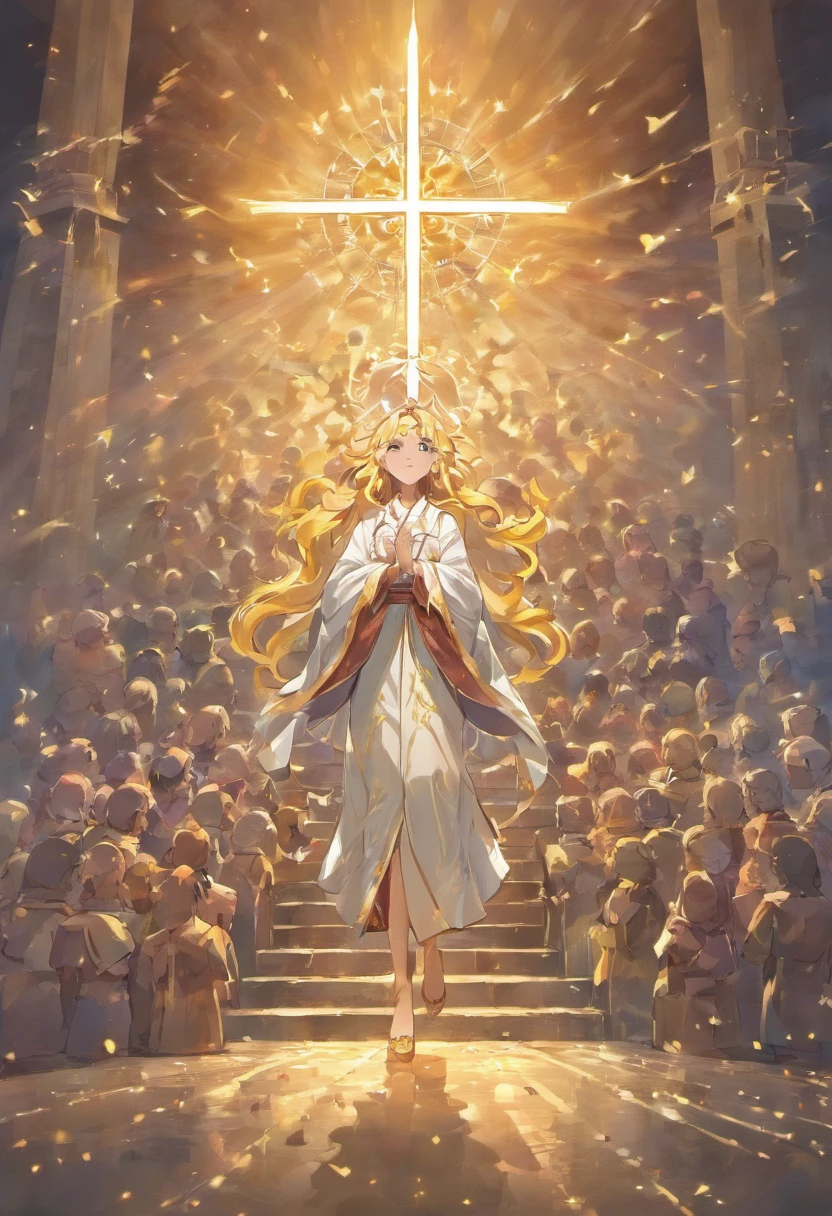 "Generate an AI-powered image that encapsulates the message of John 3:16. Envisioning a World Illuminated by God's Love, With a dazzling ray of light that pierces through the darkness. At the heart of this awe-inspiring scene, Painted a cross, Symbolizes the Sacrifice of God's Only Begotten Son. Cross、Diverse and united people from all walks of life々Group of, Representing the Inclusivity of God's Love. This image is、It should convey a deep sense of redemption, grace, And the promise of eternal life."