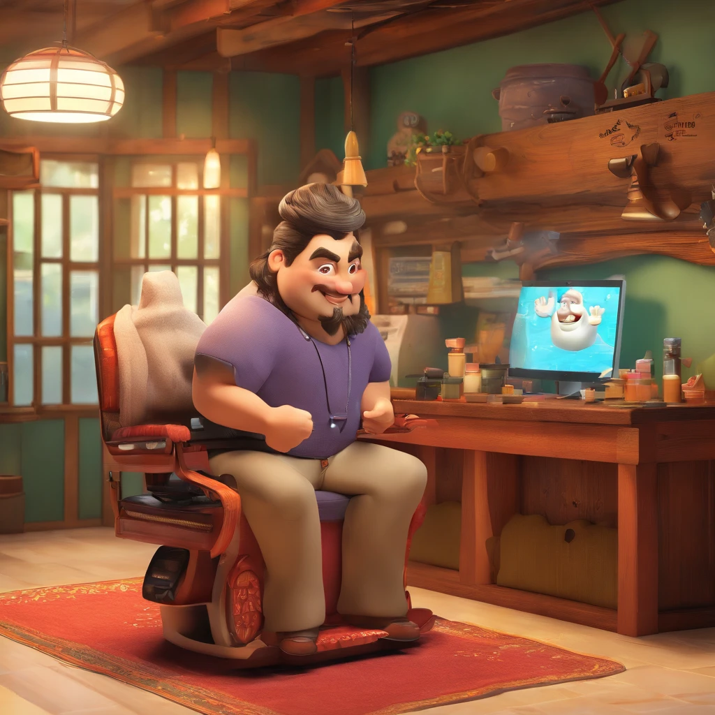 Crie um cartaz inspirado na Disney Pixar com o personagem sendo descendente de japoneses , um homem de cabelos curtos usando barba estilo cavanhaque, In a nail salon on the table