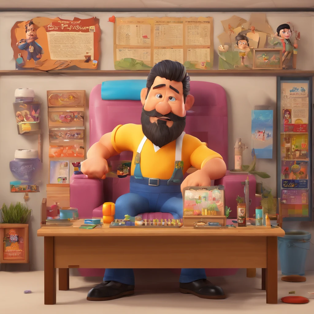 Crie um cartaz inspirado na Disney Pixar com o personagem sendo descendente de japoneses , um homem de cabelos curtos usando barba estilo cavanhaque, In a nail salon on the table