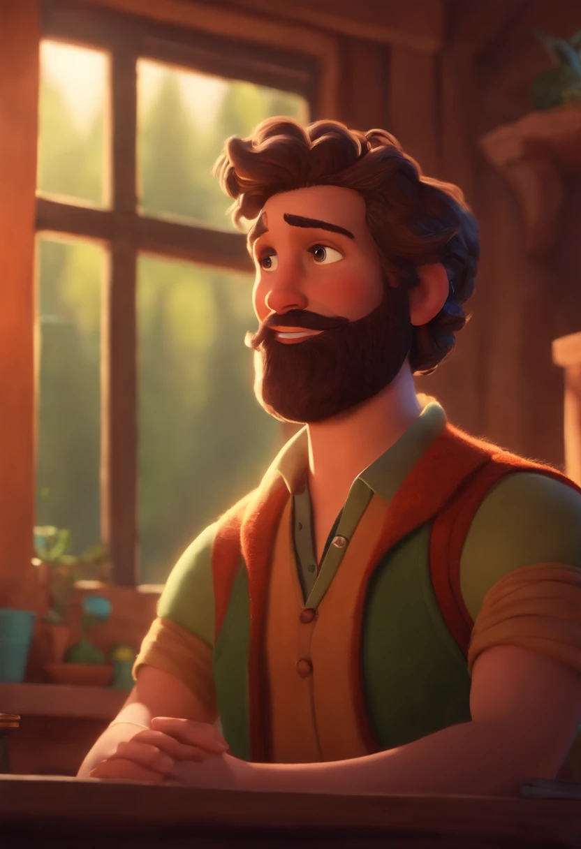 Image of a man with short wavy hair and beard for a story in a YouTube video in Pixar format, He's the little allabester, He's the class leader, He's outgoing, Playful and gets up for a lot of things.
