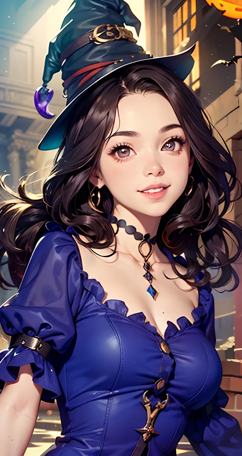 1girl, beautiful face, perfect brown eyes, round pupils, beautiful witch costume, halloween background, by Adam hughes, upper body centered, multi-color hair, happy smile, 8k amazing details, volumetric lighting,