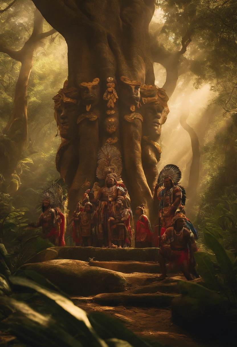 An epic image depicting the indigenous and caboclo gods, em todo o seu esplendor. They're all next to each other, God Tupã in the middle at the top, Ao seus redores, Trees illuminate the scenery with sunlight streaming through the leaves, arte digital