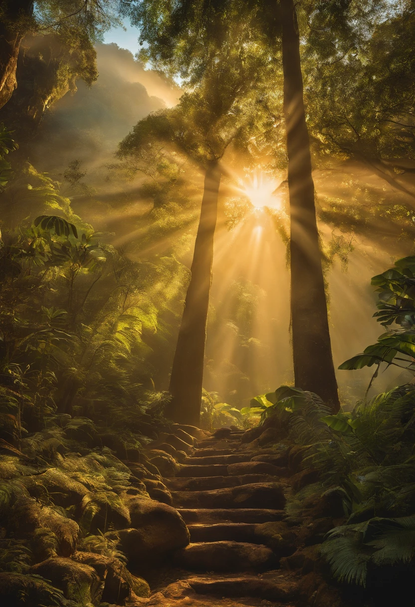 An epic image depicting the indigenous and caboclo gods, em todo o seu esplendor. They're all next to each other, God Tupã in the middle at the top, Ao seus redores, Trees illuminate the scenery with sunlight streaming through the leaves, arte digital