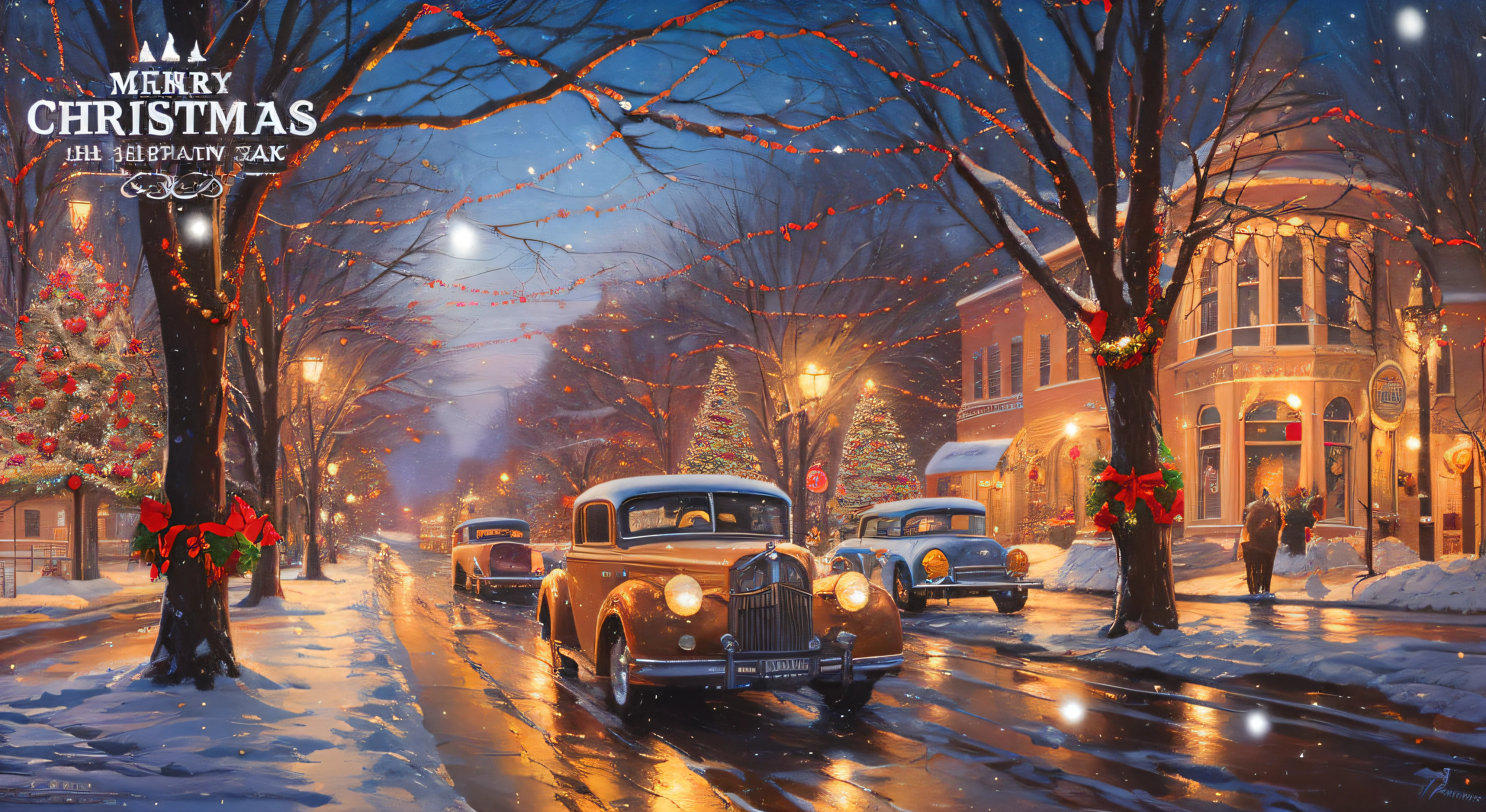 christmas greeting with classic cars on a snowy street, by Patrick Brown, by Brian Thomas, by Howard Lyon, by F. Scott Hess, ( thomas kincade ), by F Scott Hess, inspired by F. Scott Hess, by Don Reichert, inspired by F Scott Hess, by mark keathley, james gurney painting style, inspired by mark keathley