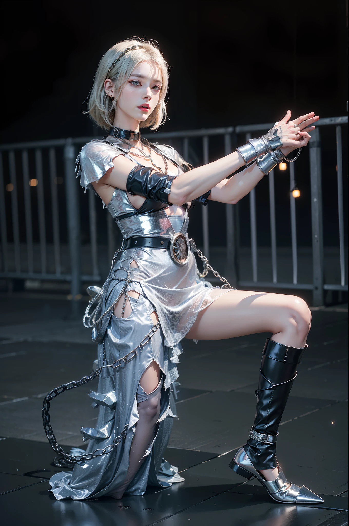 ,((Wearing a torn sheer costume of a superheroine)),(, No bra)), Wet crotch, Wet thighs, Beautiful girl with accentuated slender abs: 1.4, (((nipple tips protruding, areola is protruding, The shape of the pubic region is clearly visible)), sixpack abs: 1.4, Bust Botox, Photo, Sharpness, Unique 850 4, Koda850 k portrait camera, F1.6 shots, Ultra-realistic textures, Spectacular light textures, Cinestil 800 Fashion Mechanics, (futuristic sci-fi battle fashion: 1.1), (tied perfectly by chain), Restraint, Slaves, collars, ((wide prison with sunlight)), Dark fantasy, Realistic material details, extreme hight detail, Ultra-realistic materials ((Torn costume))), Wet, Cloudy, (Chained)), ((big emphasized by chains)), ((chains digging into crotch)), ( (Collar)), (, No bra), shredded costumes, broken golden shields and battle spears,, White combat gloves, Combat shoulder armor, Blood splattered on the face, Blood splattered, Realistic, (Bruises, Dirty, ripped clothing, skimpy clothing, Blood: 1.3),  Torn Cape, Torn pantyhose, Long legs, ((iron pipe in the crotch)), Metallic shackles and fetters, ((chains hung from heaven)), Wet crotch is clearly visible, Swarovski's sword and the anatomy beneath his feet, (futuristic sci-fi battle fashion, Torn mesh stockings)，Future police，Mechanical Warrior，Finger repair，