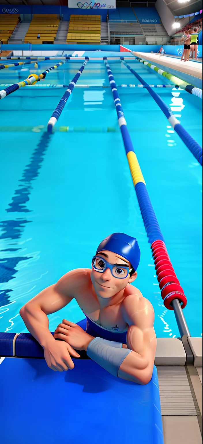 Swimmer inside an Olympic swimming pool with his arms on the edge of the pool, with swimming cap and goggles