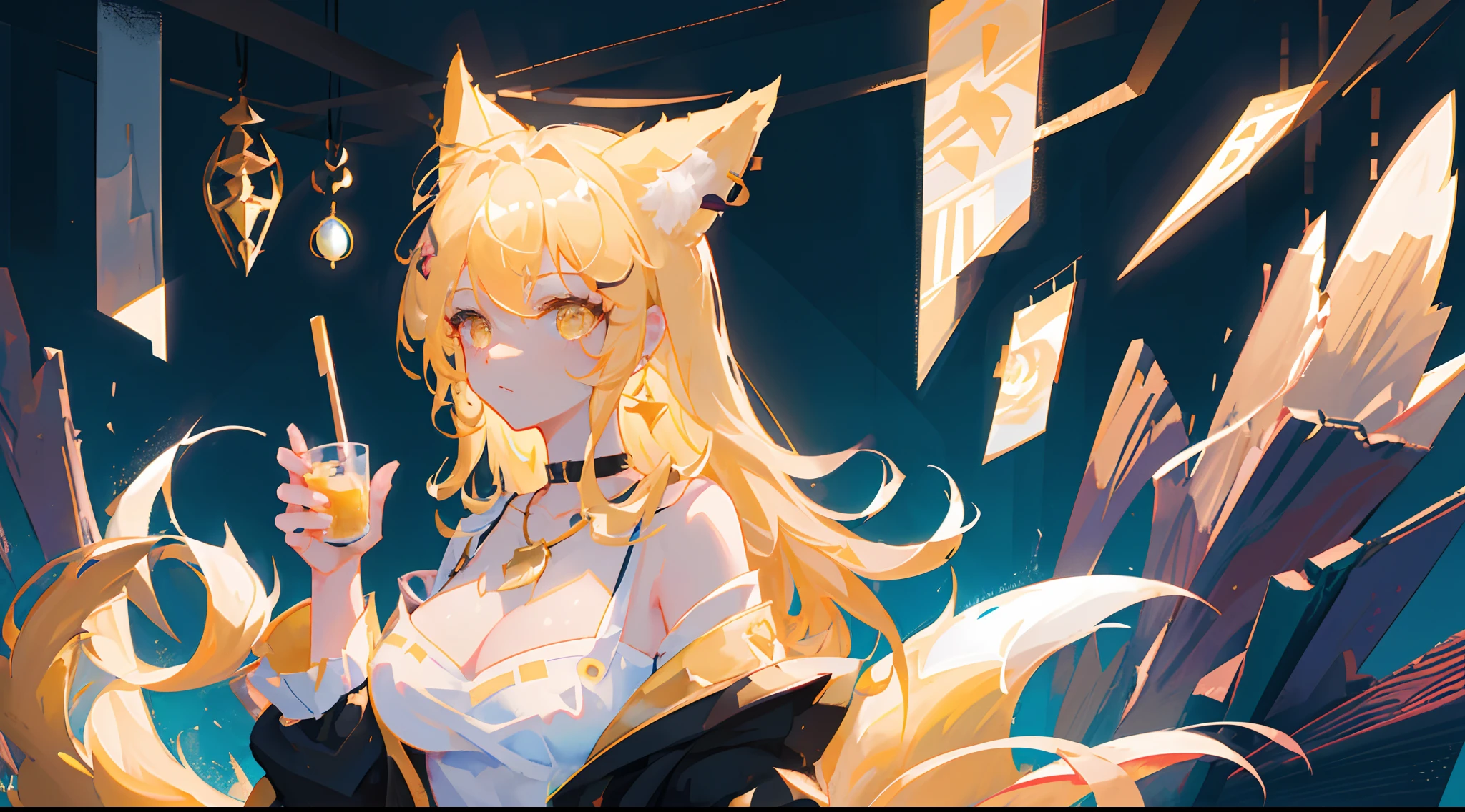 ((Best quality, 8K, Masterpiece: 1.4)),((Amazing detail: 1.3)),((illustration: 1.2)),((high resolution: 1.1)),K/Da_ahri, 1girll, ahri (League of Legends), Breasts, Animal ears, Blonde hair, Solo, Fox ears, K/Da (League of Legends), Long hair, cleavage, Tail, whisker markings, view the viewer, face markings, choker necklace, Large breasts, Bare shoulders, Fox tail, jewelry, Yellow eyes, Upper body, Multiple tails, bangs, Shiny, 鎖骨, covered navel, Earrings