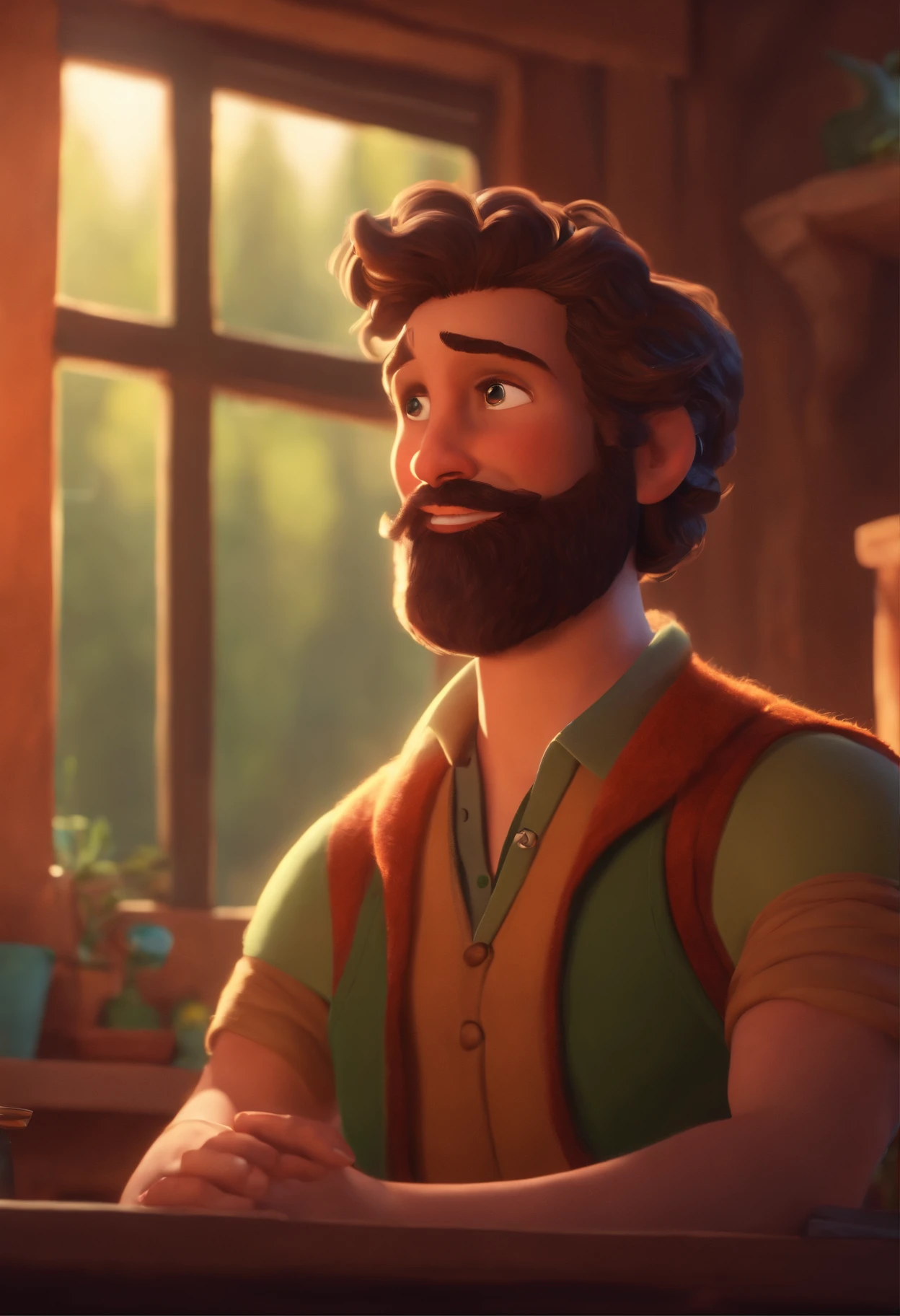 Image of a man with short wavy hair and beard for a story in a YouTube video in Pixar format, He's the little allabester, He's the class leader, He's outgoing, Playful and gets up for a lot of things.