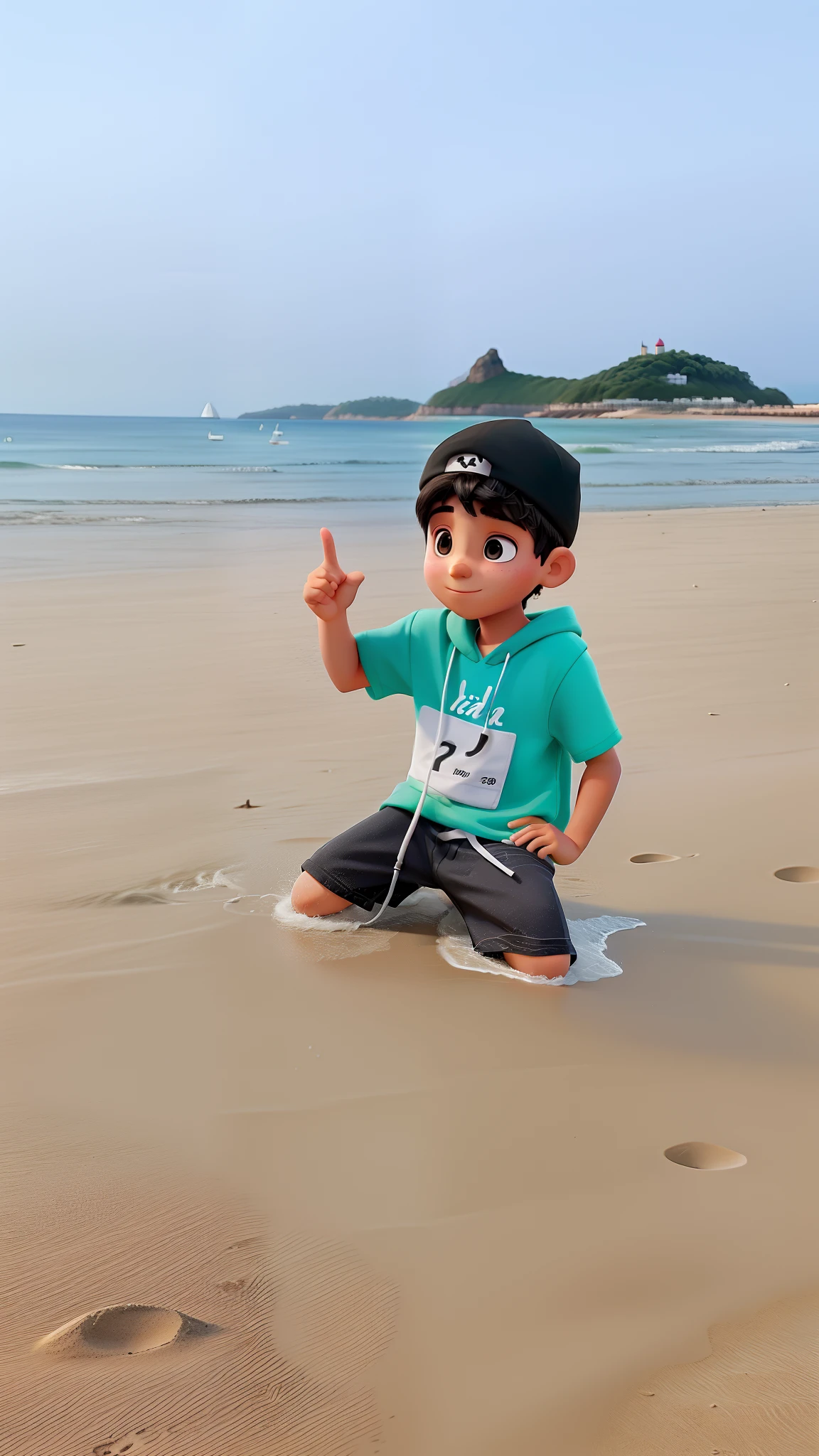 A boy with a black cap on the beach, alta qualidade, melhor qualidade
