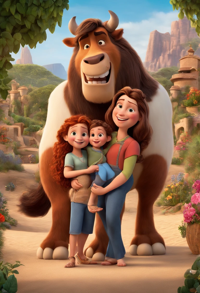 a Disney Pixar movie poster showing a white-skinned family. The father is the tallest, Tem barba curta, loiro, cabelos curtos e espinhosos. The mother has brown eyes and hair, shoulder-length and is slightly overweight. A tem 4 anos e cabelos castanhos, roupa rosa e rabos de cavalo. The background is a beach garden. 3D-rendering