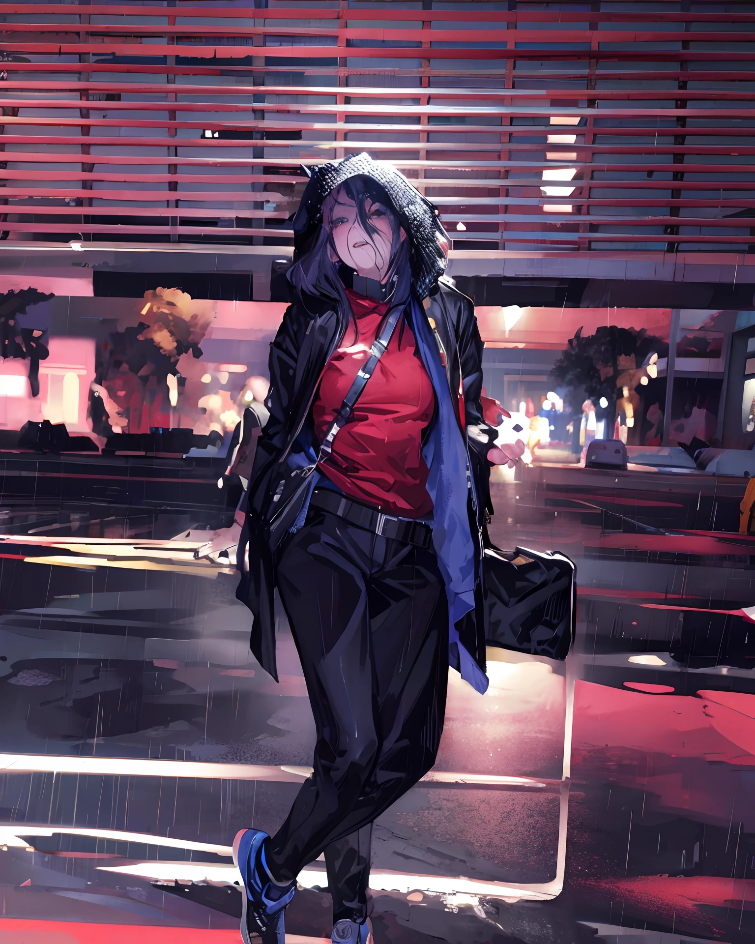 1girl,night city,rain,coat,hands in pockets