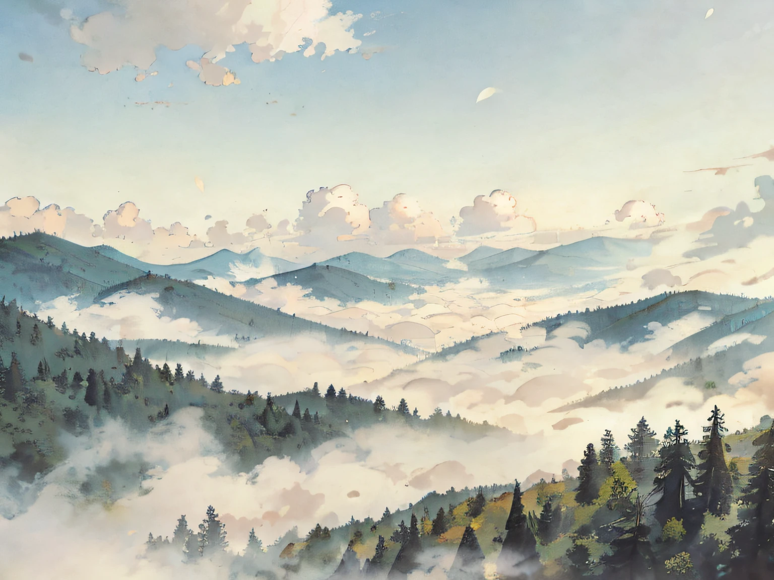 A peaceful hill valley, large white clouds, wind rustles the trees, sunny day, beautiful, misty, dark forests