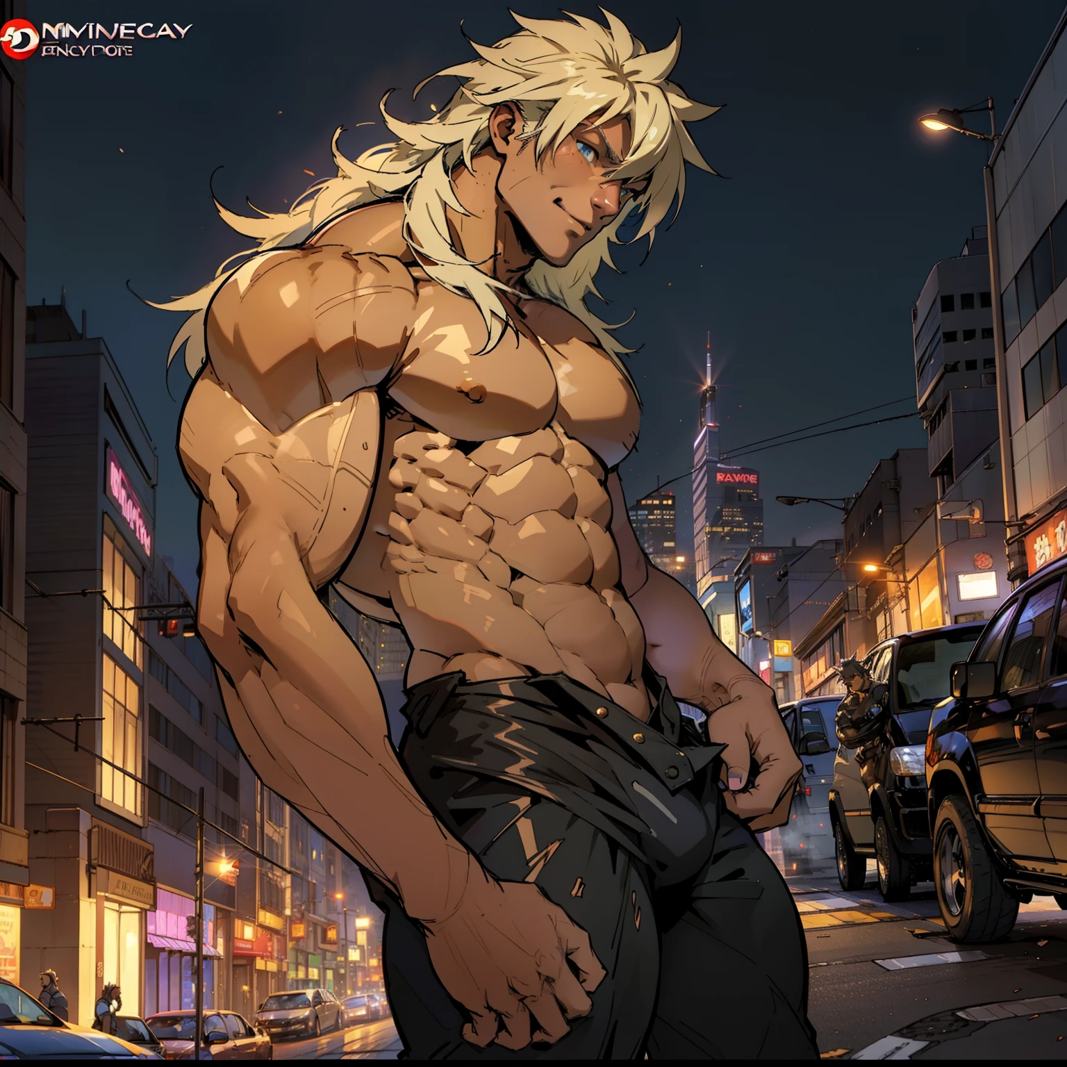 ((Anime style art)), Extremely muscular masculine character, dark skin, long rainbow hair, huge bulge, bodybuilder body, ripped clothes , 8-pack, erotic, crystal armor, ,  tower cityscape, Busy route, Buildings, person
AS & Vehicles. Main character from the anime, superhero, Nice image, Hard drive, 4k, Main character