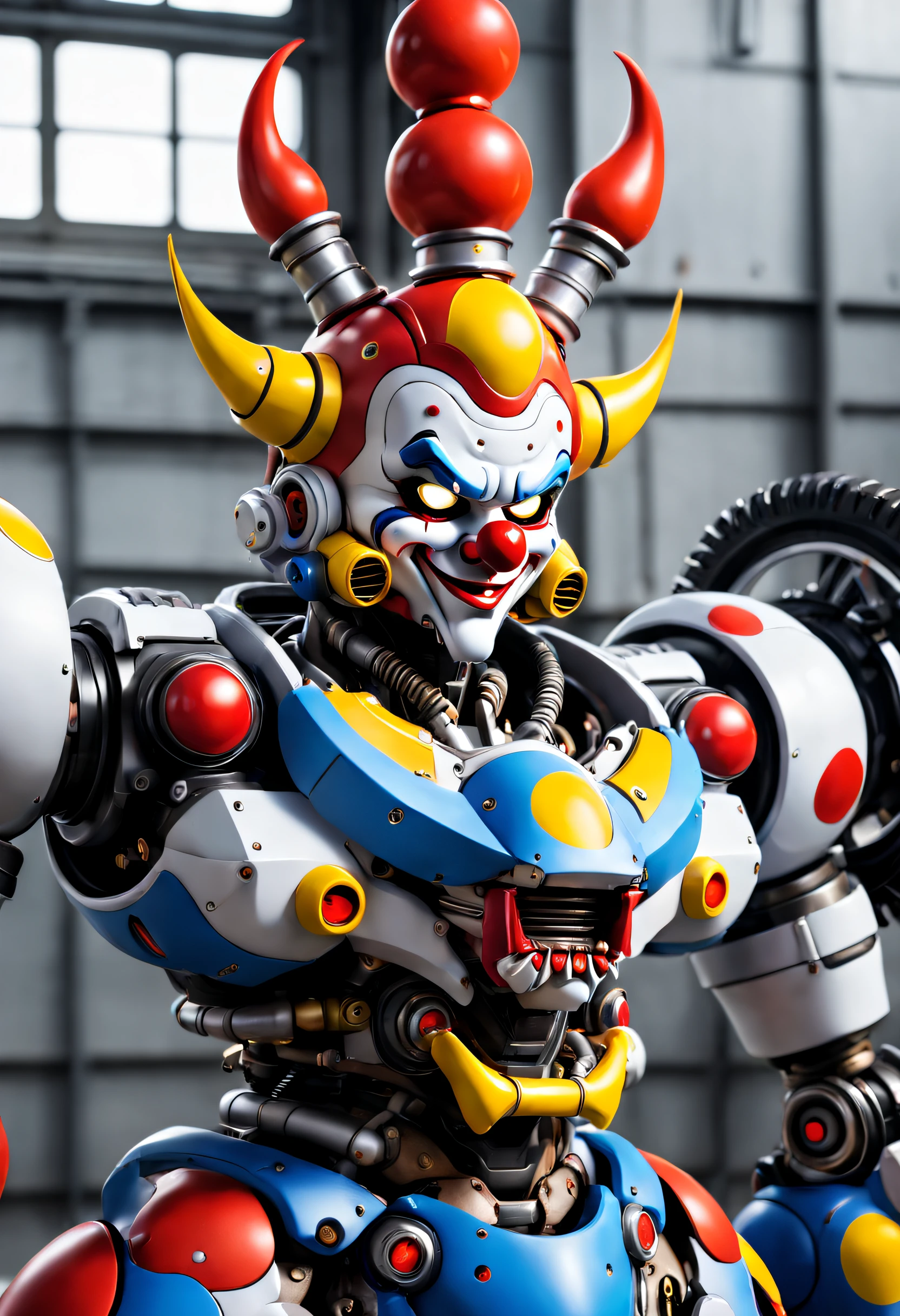 A mecha wearing a clown mask,Mechanical joints