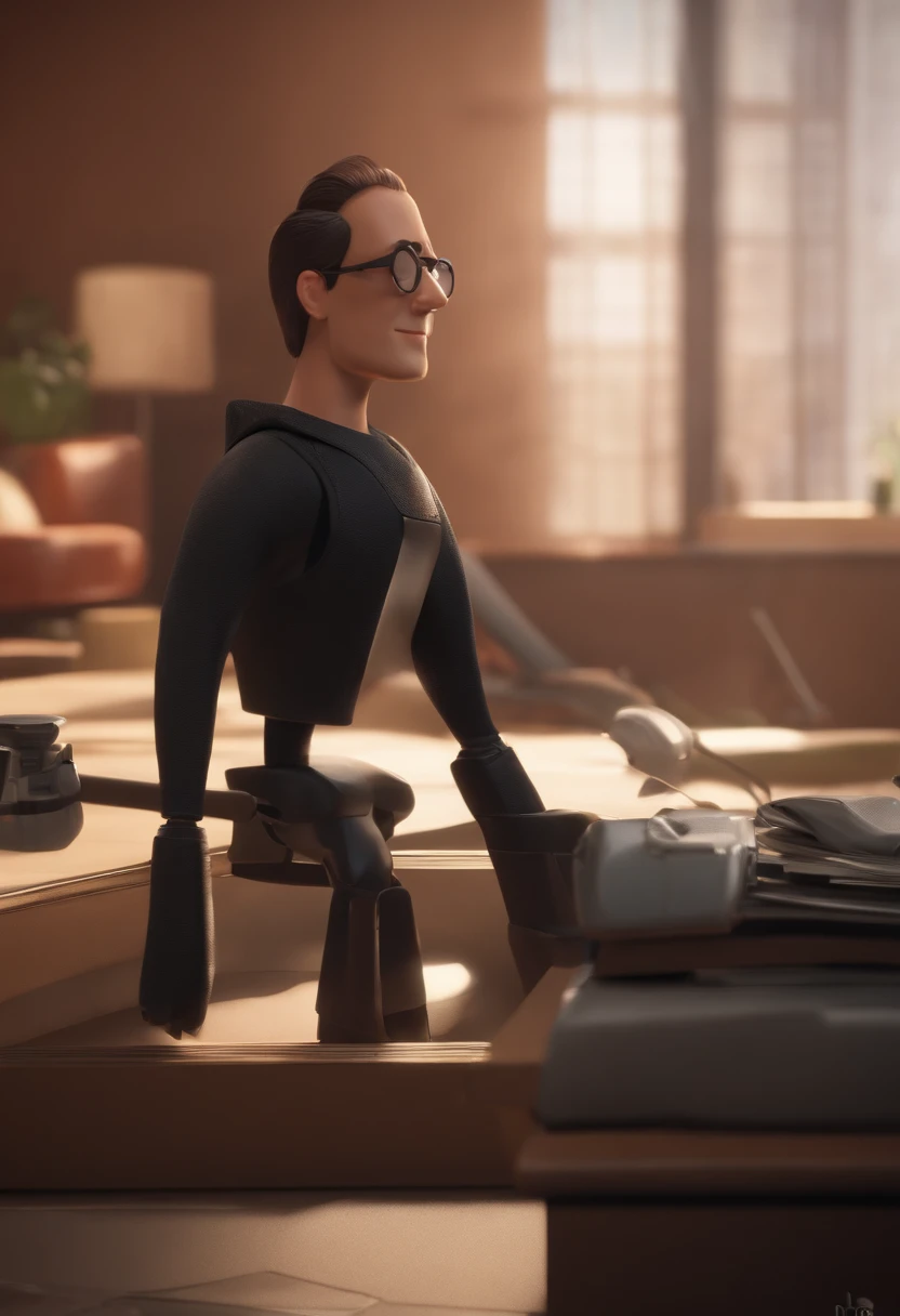 personagem dos desenhos animados de um homem de 40 anos, with thin-framed black glasses, usando camisa polo preta, animation character, trabalhando no computador, in the background there is a wall with a poster of the movie The Matrix, Caractere estilizado, animation style rendering, 3D estilizado, Arnold Maya render, 3 d render stylized, toon render keyshot, Personagem 3D, Personagem 3D, 3d rendering stylized, 3 d character render, personagem de desenho animado, Personagem de close up, Pose de personagem, (Estilo Pixar) (master part:1.2) (Bokeh) (best quality) (pele detalhada) (textura detalhada) (8k) (argila) (Cinematic lighting) (foco nítido