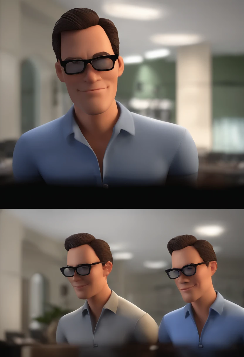 personagem dos desenhos animados de um homem de 40 anos, with thin-framed black glasses, usando camisa polo preta, animation character, trabalhando no computador, in the background there is a wall with a poster of the movie The Matrix, Caractere estilizado, animation style rendering, 3D estilizado, Arnold Maya render, 3 d render stylized, toon render keyshot, Personagem 3D, Personagem 3D, 3d rendering stylized, 3 d character render, personagem de desenho animado, Personagem de close up, Pose de personagem,  (Estilo Pixar) (master part:1.2) (Bokeh) (best quality) (pele detalhada) (textura detalhada) (8k) (argila) (Cinematic lighting) (foco nítido
